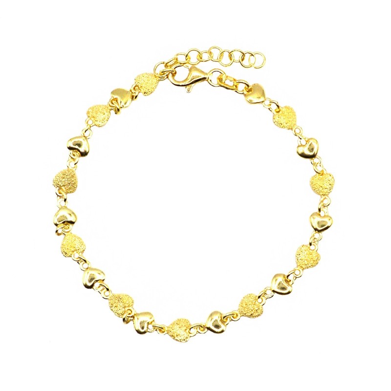 Link bracelet with diamond and shiny coupled hearts, yellow gold plated in 925 silver