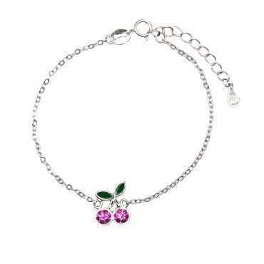 Bracciale maglia rollò diamantata con ciliegia centrale semizirconata rosso e foglie smaltate verdi placcato oro bianco in argen