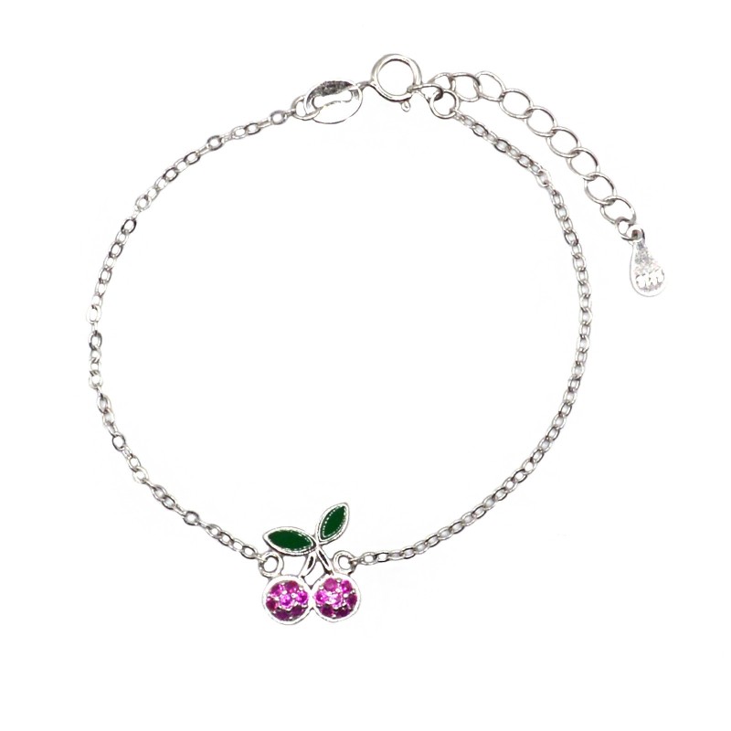 Diamond rolled mesh bracelet with central red semi-zircon cherry and green enamelled leaves white gold plated in 925 silver