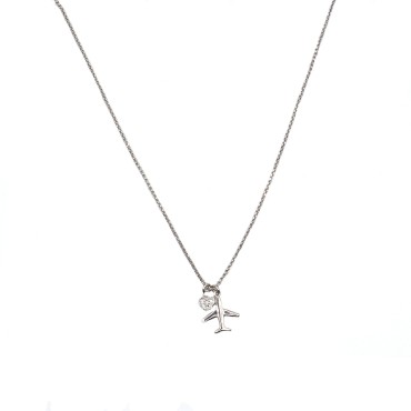 Collana maglia micro rollò con ciondoli aereo e cuore a pavé di zirconi bianchi placcata oro bianco in argento 925