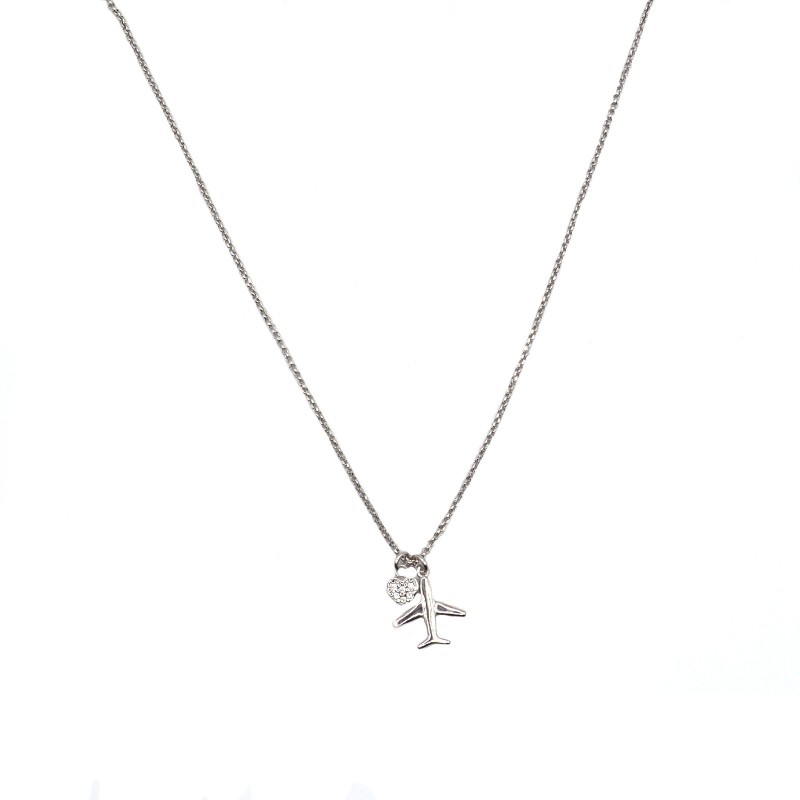 Micro rollò link necklace with airplane and heart pendants in white zircon pavé, white gold plated in 925 silver