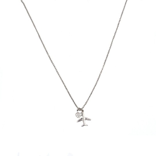 Collana maglia micro rollò con ciondoli aereo e cuore a pavé di zirconi bianchi placcata oro bianco in argento 925