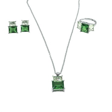 Set with diamond rolled mesh necklace and ring pendant and a pair of light green and dark green rectangular zircon earrings whit