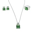 Parure con collana maglia rollò diamantata e ciondolo anello e una coppia di orecchini di zirconi rettangolari verde chiaro e ve
