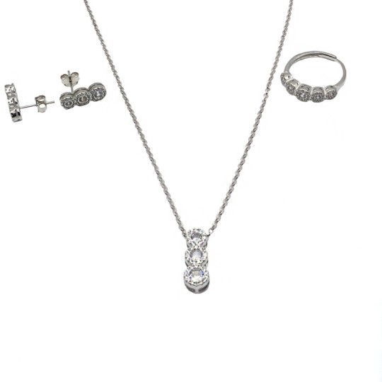 Set with diamond rolled mesh necklace with adjustable ring pendant and a pair of earrings with round white zircons in a white go
