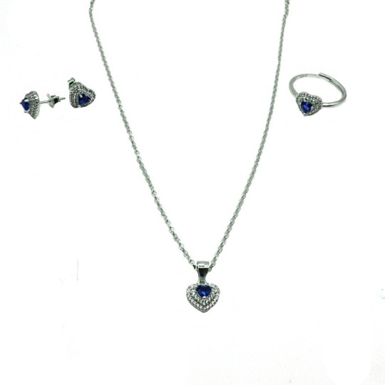 Set with diamond rolled mesh necklace with adjustable ring pendant and a pair of earrings with blue heart zircon in a double wir