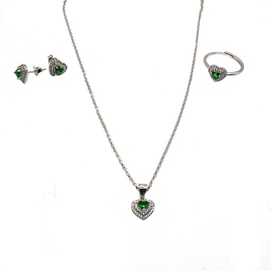 Set with diamond rolled mesh necklace with adjustable ring pendant and a pair of earrings with green heart zircon in a double wi