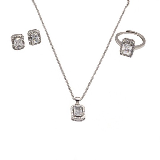 Parure con collana maglia rollò diamantata e ciondolo anello regolabile e una coppia di orecchini con zircone rettangolare bianc