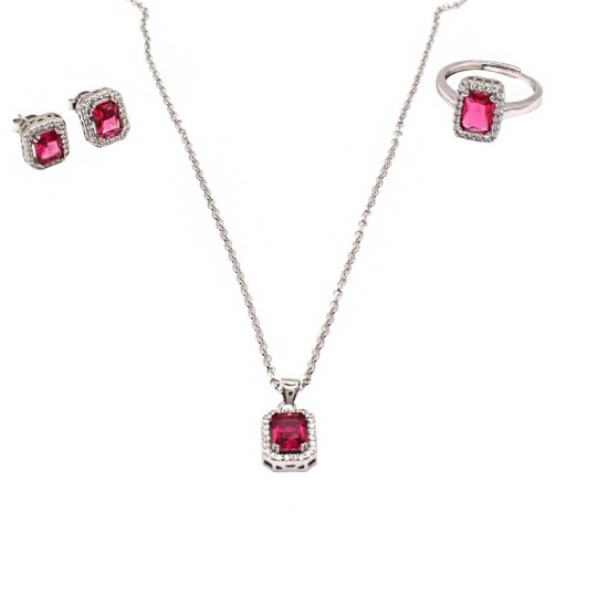 Set with diamond rolled mesh necklace and adjustable ring pendant and a pair of earrings with red rectangular zircon in a white 