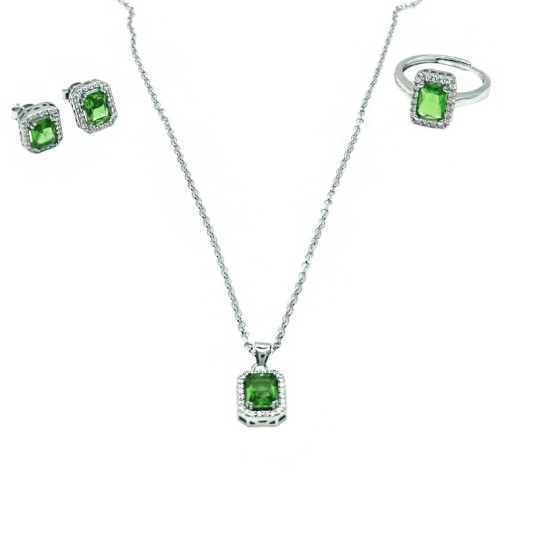 Set with diamond rolled mesh necklace and adjustable ring pendant and a pair of earrings with green rectangular zircon in a whit