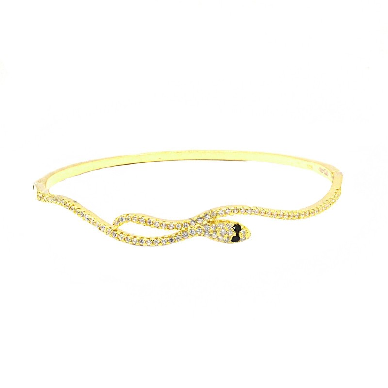 Rigid white semi-zircon snake bracelet with green zircon eyes and 925 silver yellow gold plated snap closure