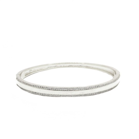 Rigid band bracelet with white zircon edges and 925 silver white gold plated snap closure