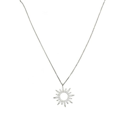 Collana maglia forzatina con pendente sagoma sole a pavè di zirconi bianchi placcato oro bianco in argento 925