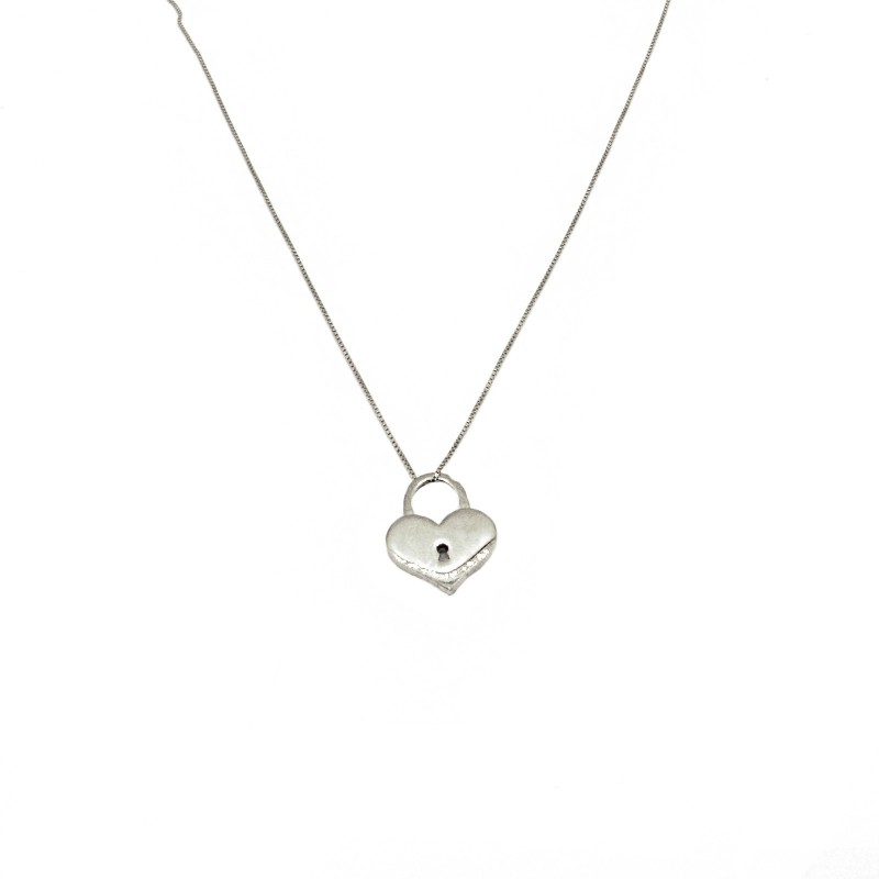 Collana maglia veneziana con ciondolo lucchetto a cuore traforato placcato oro bianco in argento 925