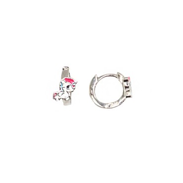 Square section hoop earrings with pink and white enamelled unicorn and 925 silver white gold plated snap closure