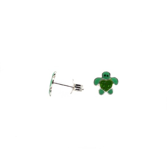 Green enamelled turtle stud earrings white gold plated in 925 silver
