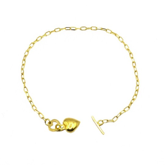 Bracciale maglia biscotto con chiusura T a cuore e cuore accoppiato pendente placcato oro giallo in argento 925