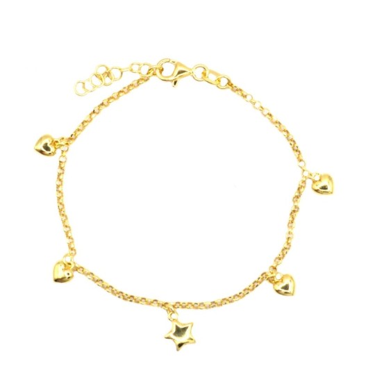Bracciale maglia rollò diamantata con stella centrale e cuori laterali pendenti placcato oro giallo in argento 925
