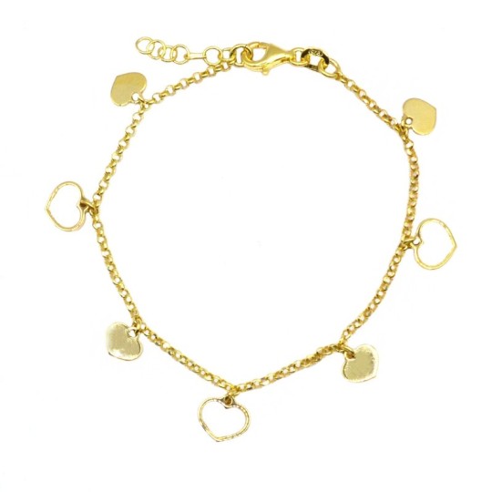 Rolled diamond mesh bracelet with pendant plate and mother of pearl hearts plated in yellow gold in 925 silver