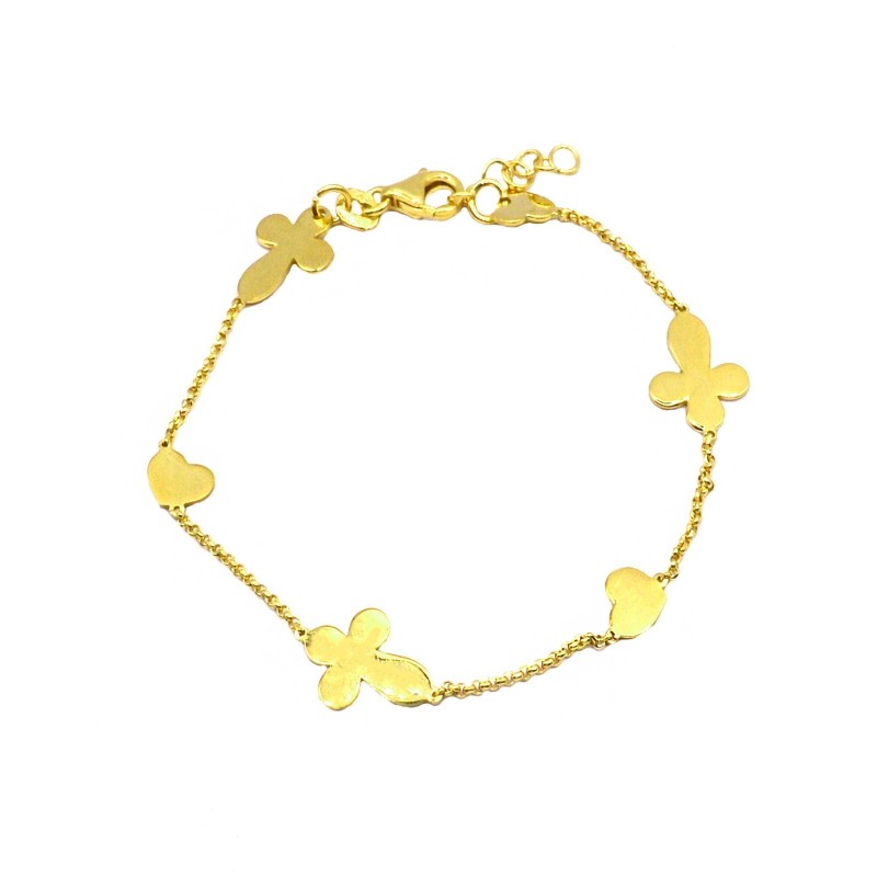 Bracciale maglia micro rollò con croci e cuori a lastra placcato oro giallo in argento 925