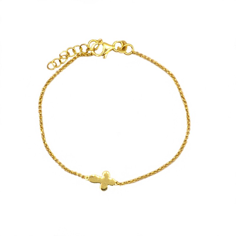 Micro rolled mesh bracelet with central plate cross yellow gold plated in 925 silver
