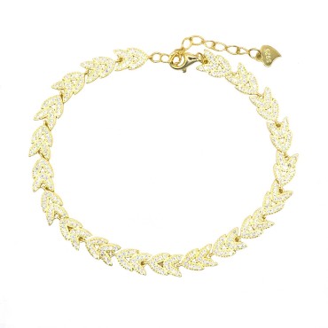 Yellow gold plated white zircon leaves bracelet in 925 silver