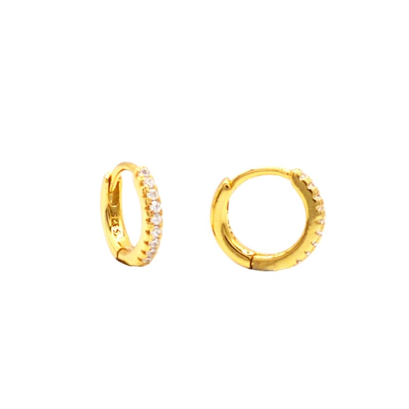 Orecchini a cerchio ø 10 mm semizirconato bianco con chiusura a scattino placcati oro giallo in argento 925