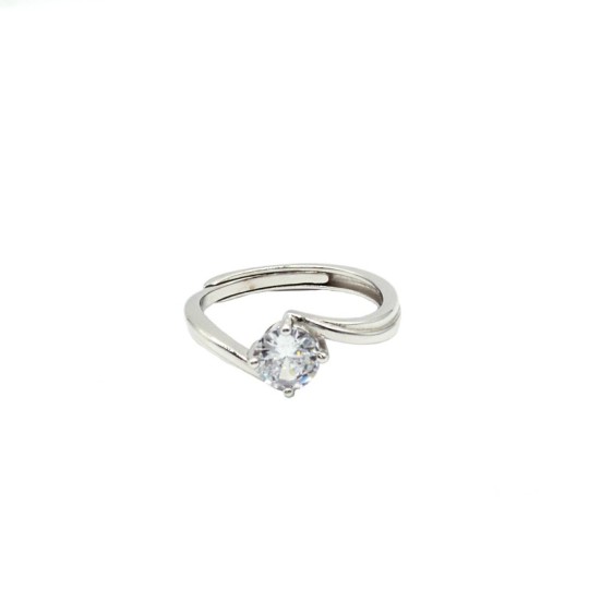 Adjustable solitaire ring with central white zircon 6 mm white gold plated in 925 silver