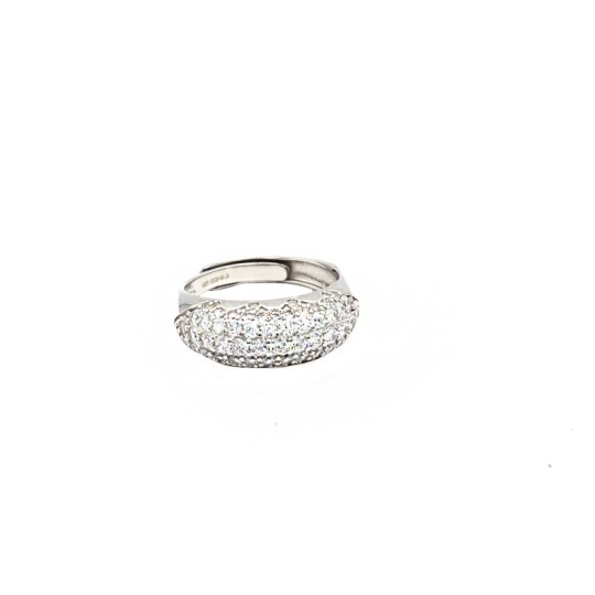 Anello regolabile fascia bombata semi zirconata bianca placcato oro bianco in argento 925