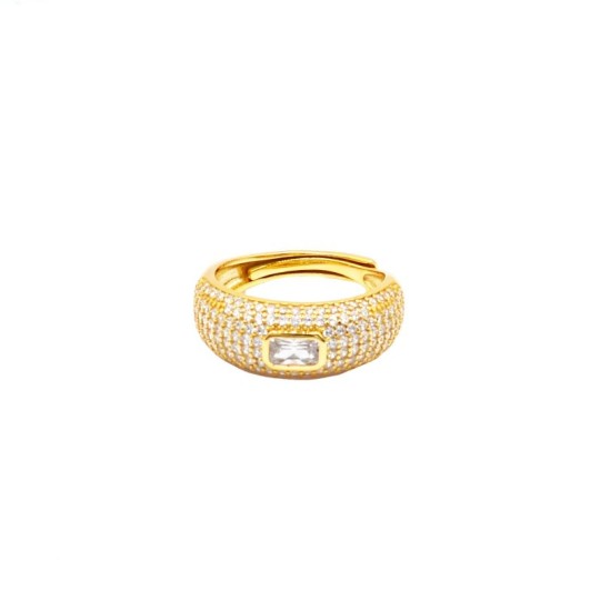 Anello regolabile fascia bombata semi zirconata bianca con baguette centrale placcato oro giallo in argento 925