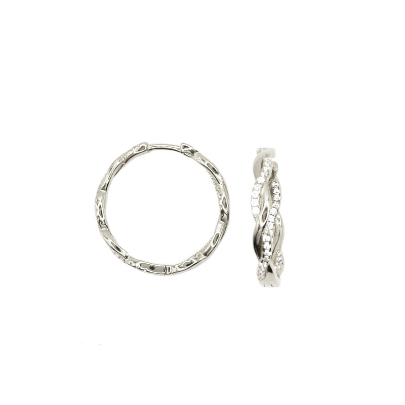 Semi zircon braided hoop earrings ø 22.5 mm with snap closure white gold plated in 925 silver