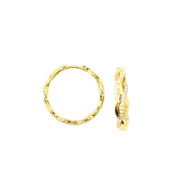 Semi zircon braided hoop earrings ø 22.5 mm with snap closure yellow gold plated in 925 silver