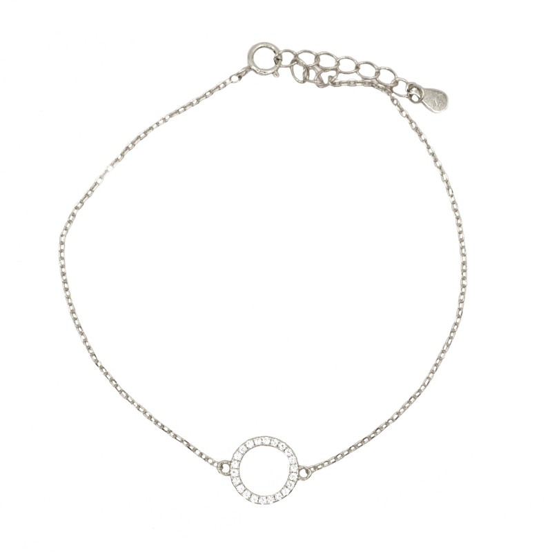 Bracciale maglia forzatina con sagoma tondo zirconato bianca placcato oro bianco in argento 925