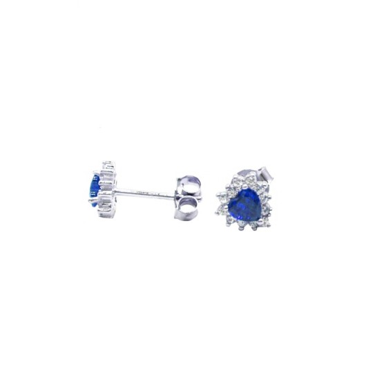 Stud earrings with blue heart zircon in a frame of white zircons and 925 silver white gold plated snap attachment