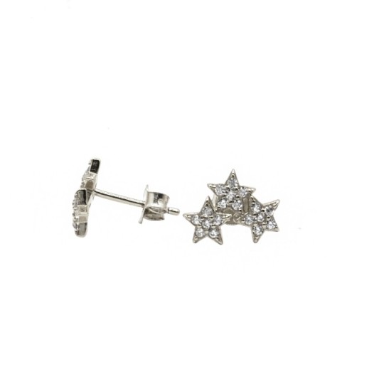 White gold plated 3 white zircon star stud earrings in 925 silver