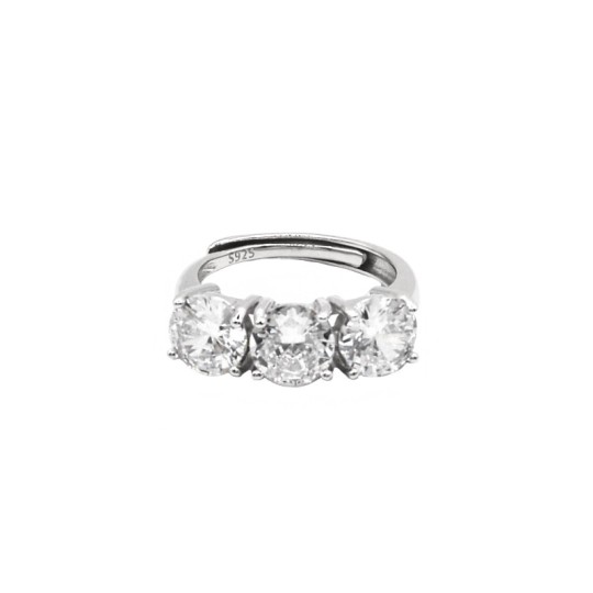 Adjustable trilogy ring with 7 mm white zircons white gold plated in 925 silver