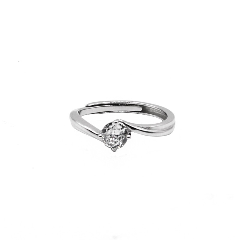 Adjustable solitaire ring with central white zircon 5 mm white gold plated in 925 silver