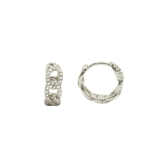 Circle earrings with white zircon chain snap closure, white gold plated in 925 silver