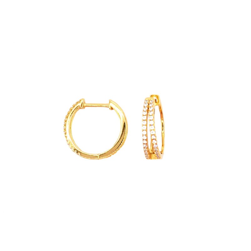 Yellow gold plated 925 silver double row white zircon hoop earrings with snap closure
