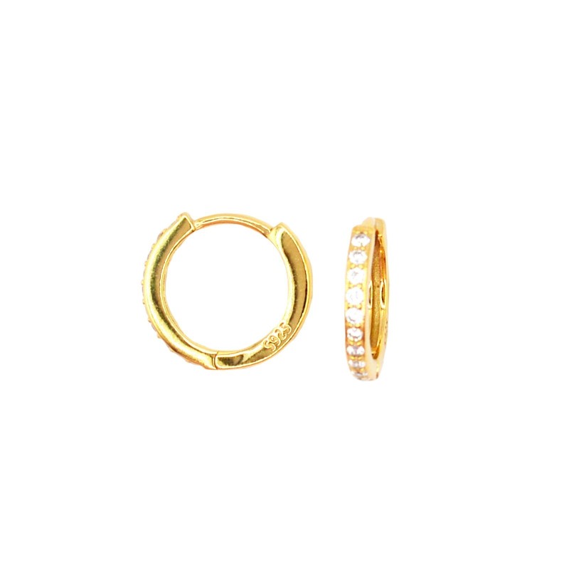 Orecchini a cerchio zirconati da ø 15 mm con chiusura a scattino placcati oro giallo in argento 925