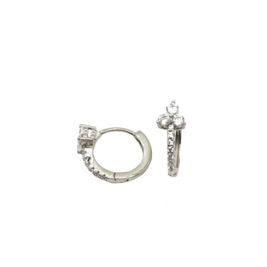 White semi zircon hoop earrings with central clover of white zircons white gold plated in 925 silver