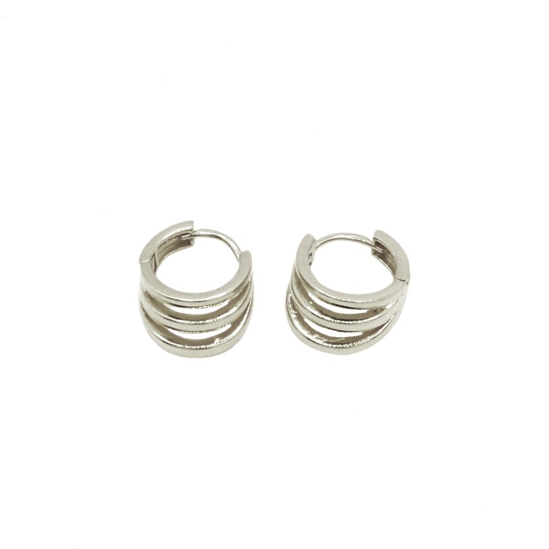 Hoop earrings with three wires with snap closure white gold plated in 925 silver