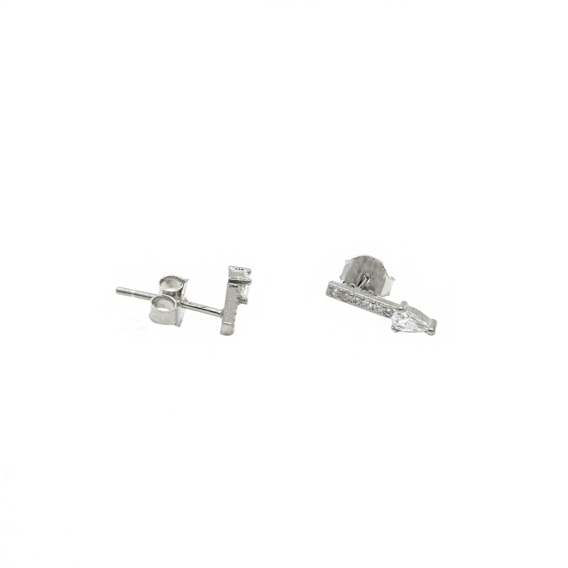 White zircon bar stud earrings with final white zircon drop, white gold plated in 925 silver