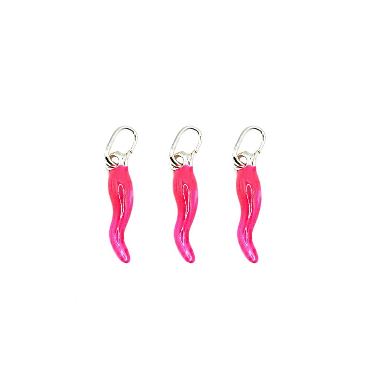 Ciondoli corni 4x13 mm smaltati fucsia fluo in argento 925 (3 pz.)