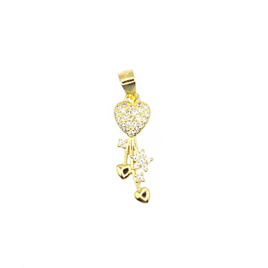 Heart pendant with rigid fringe decorated with zircon flower and smooth hearts yellow gold plated in 925 silver