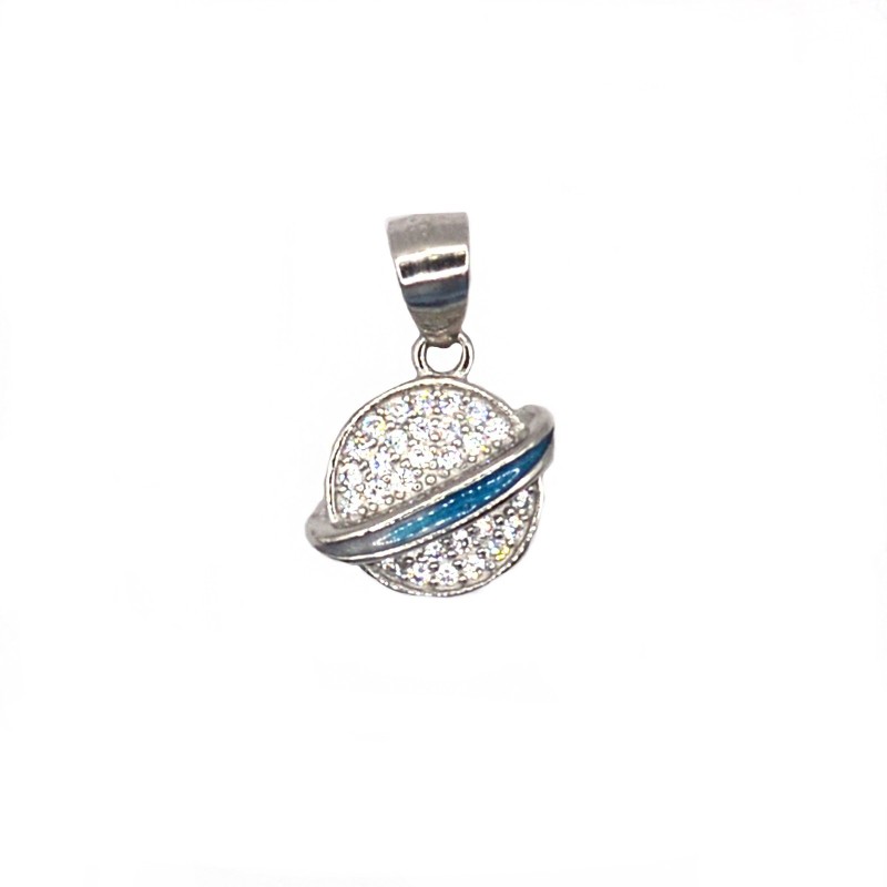 Ciondolo pianeta Saturno zirconato bianco con anello smaltato blu placcato oro bianco in argento 925