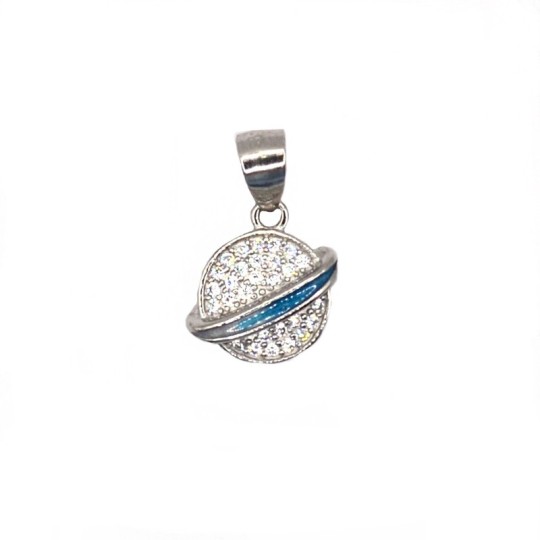 White zirconized Saturn planet pendant with 925 silver white gold plated blue enamel ring