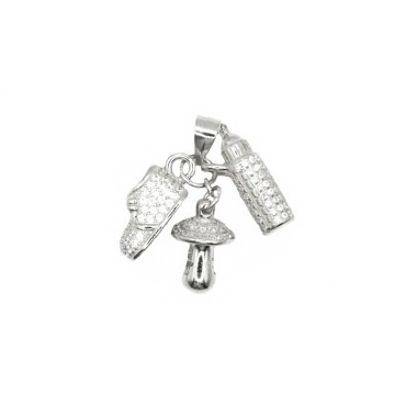 White gold plated 925 silver birth symbol pendant, baby bottle, shoe and pacifier