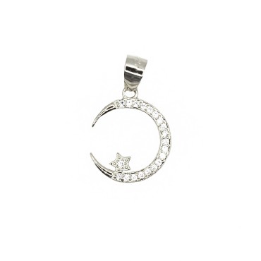 Moon pendant with star shape pavé of white zircons white gold plated in 925 silver
