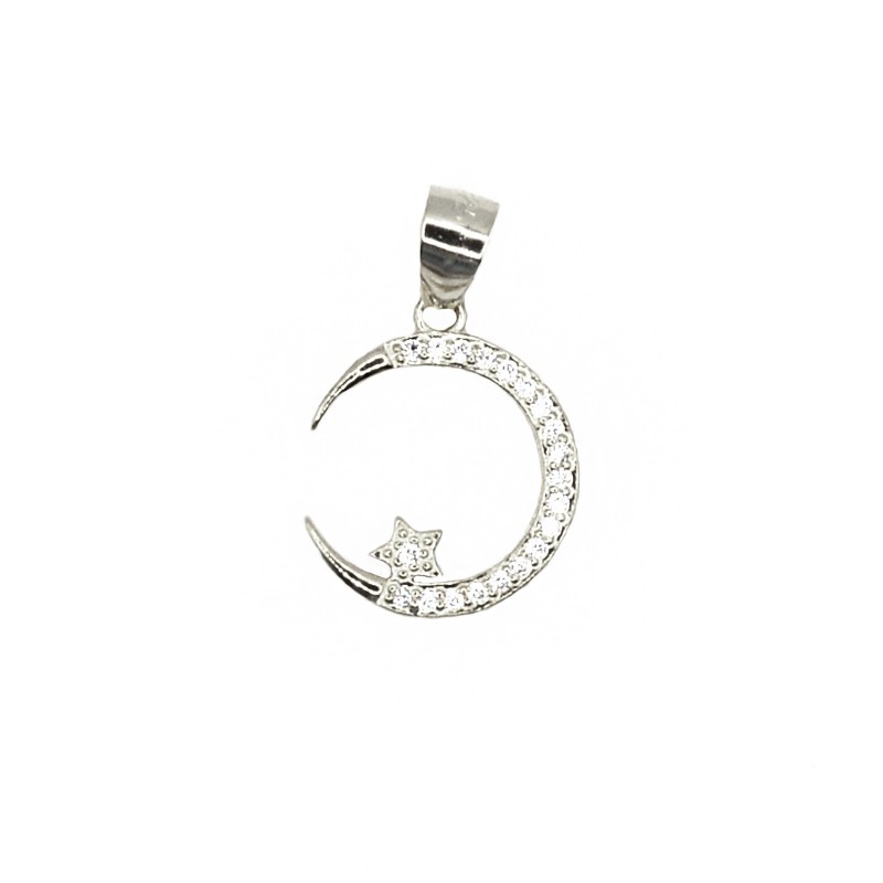 Moon pendant with star shape pavé of white zircons white gold plated in 925 silver
